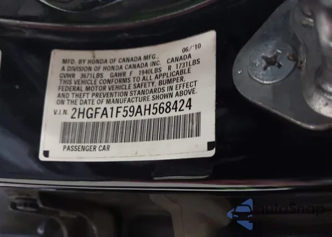 2010 Honda Civic Lx из США, поврежденный, VIN 2HGFA1F59AH568424